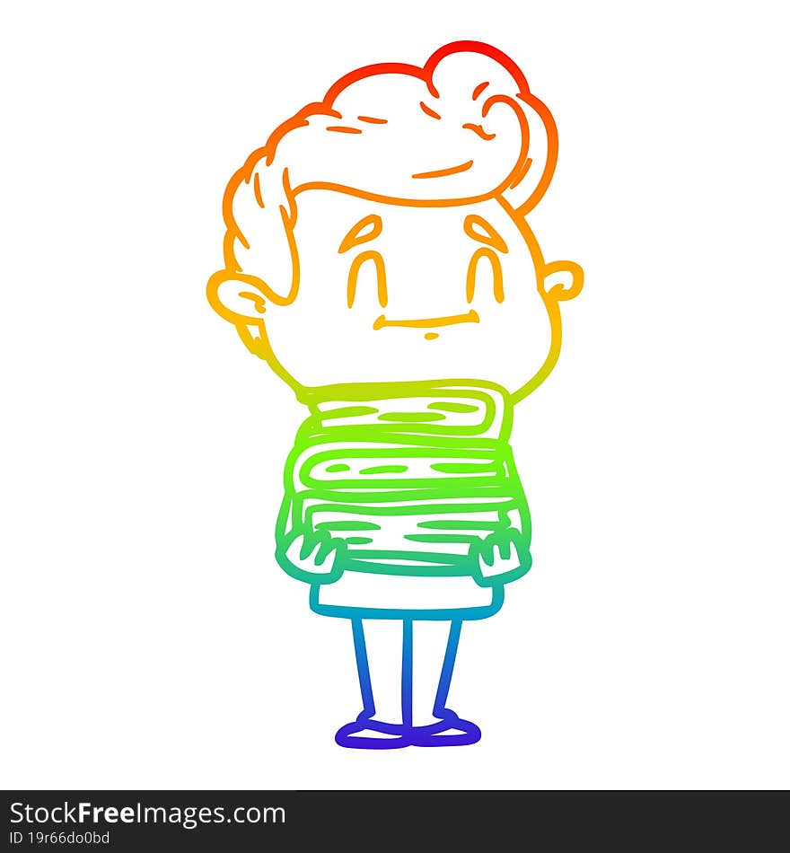 Rainbow Gradient Line Drawing Happy Cartoon Man With Stack Of New Books