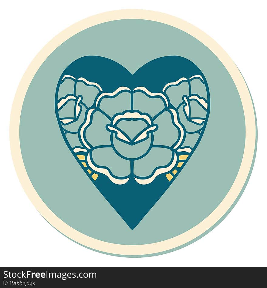 sticker of tattoo in traditional style of a heart and flowers. sticker of tattoo in traditional style of a heart and flowers