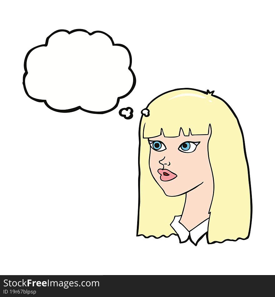 cartoon pretty girl with long hair with thought bubble