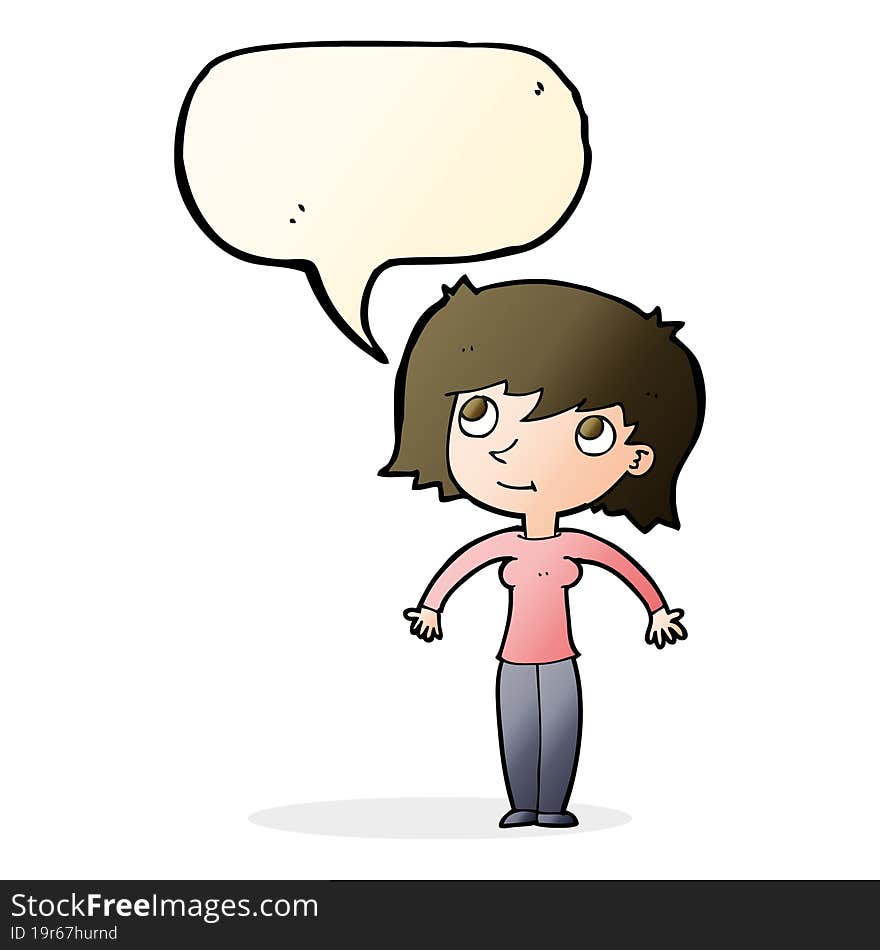 cartoon woman shrugging with speech bubble