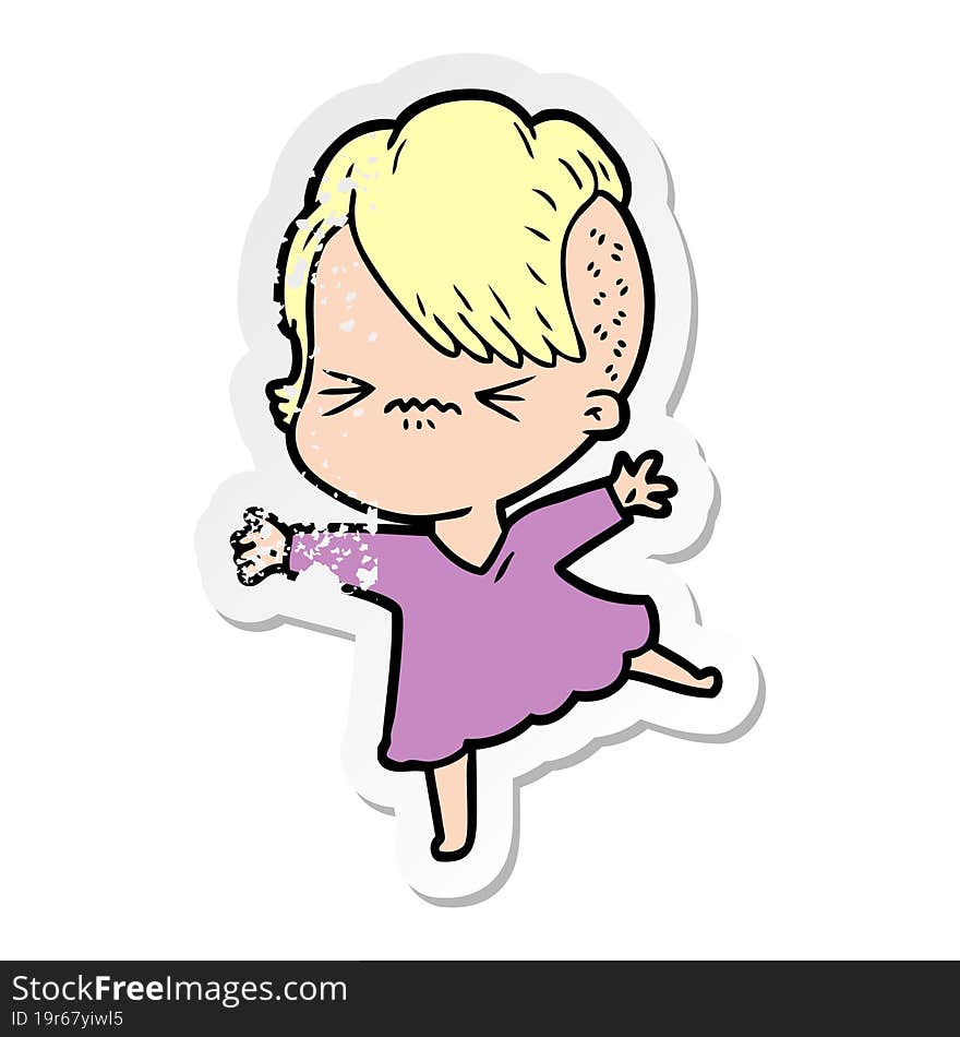 Distressed Sticker Of A Cartoon Annoyed Hipster Girl