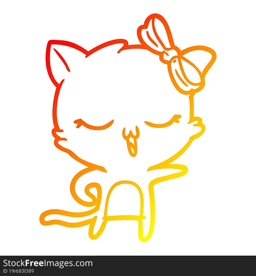 Warm Gradient Line Drawing Cartoon Cat With Bow On Head