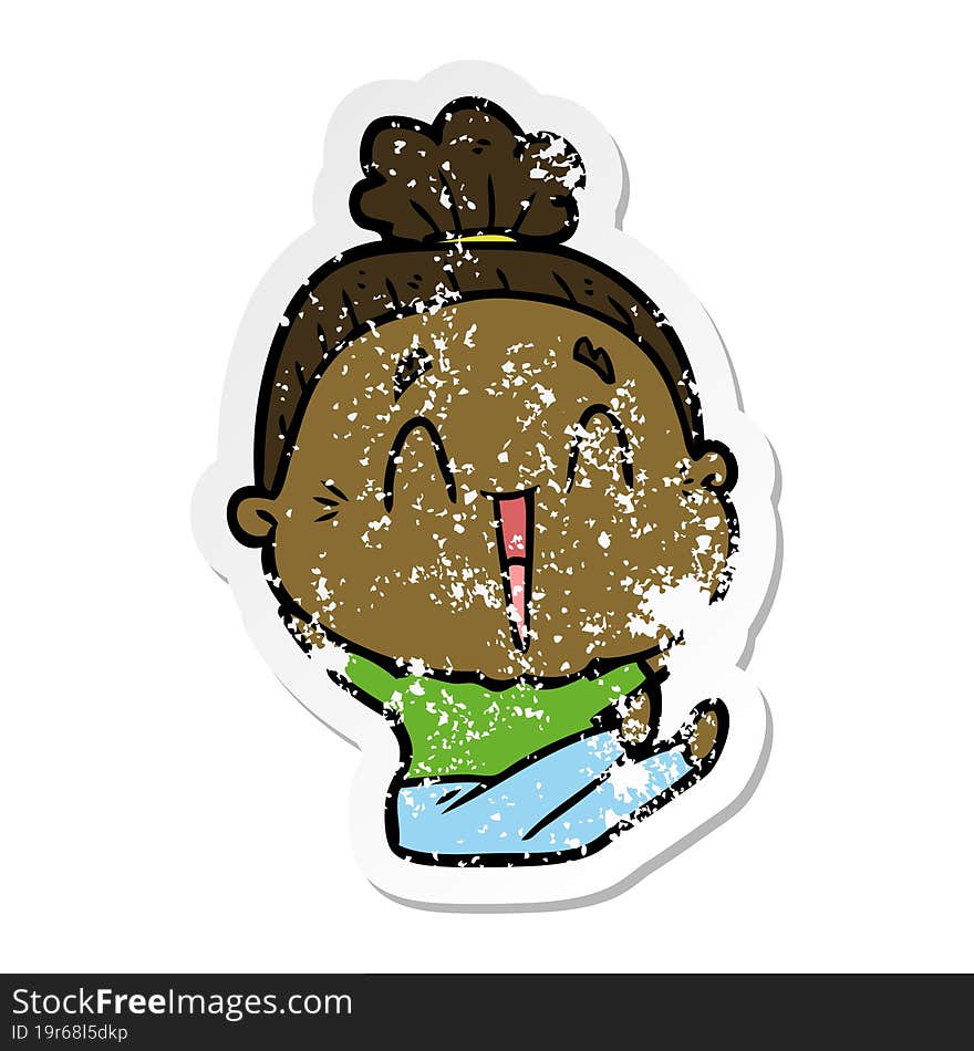 distressed sticker of a cartoon happy old lady