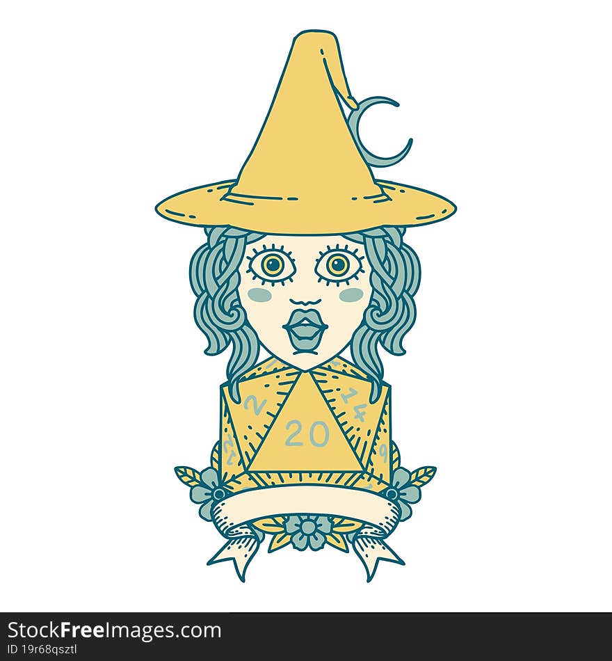 Retro Tattoo Style human witch with natural twenty dice roll. Retro Tattoo Style human witch with natural twenty dice roll