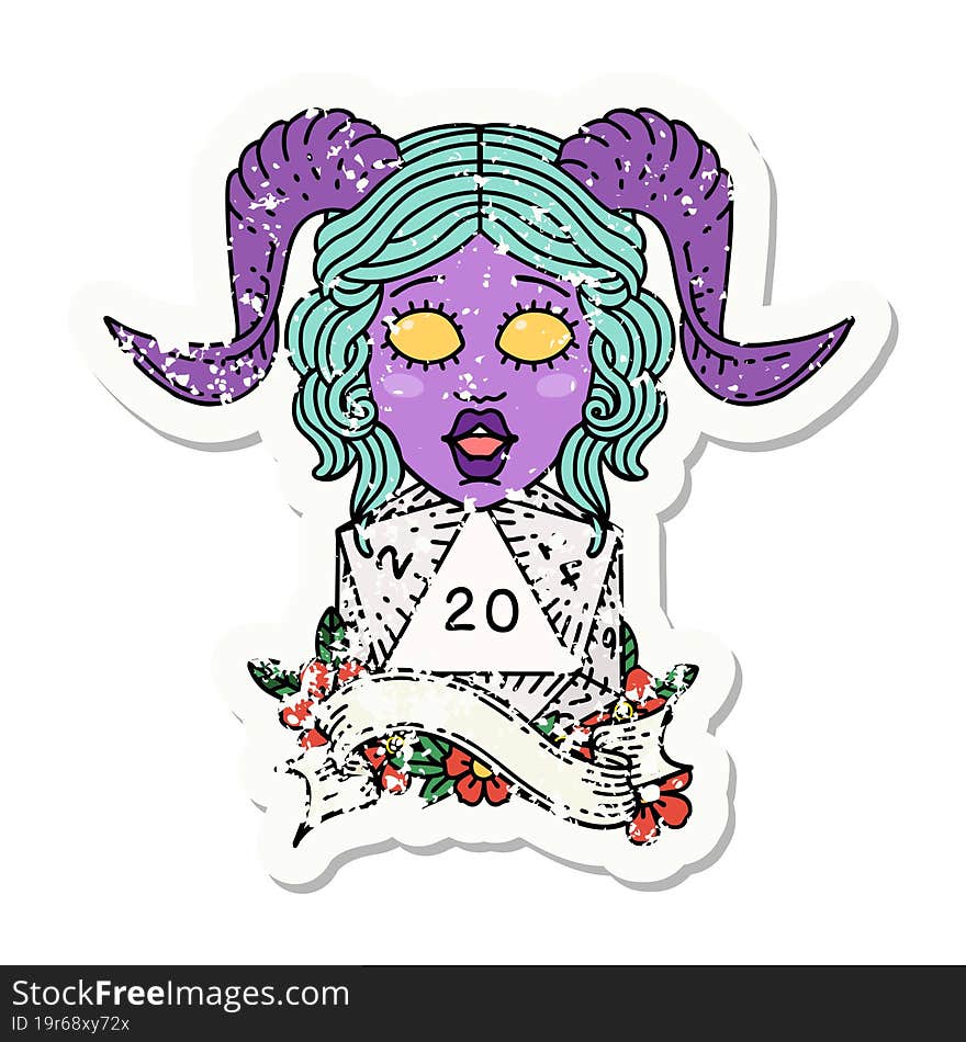 tiefling with natural twenty dice roll grunge sticker