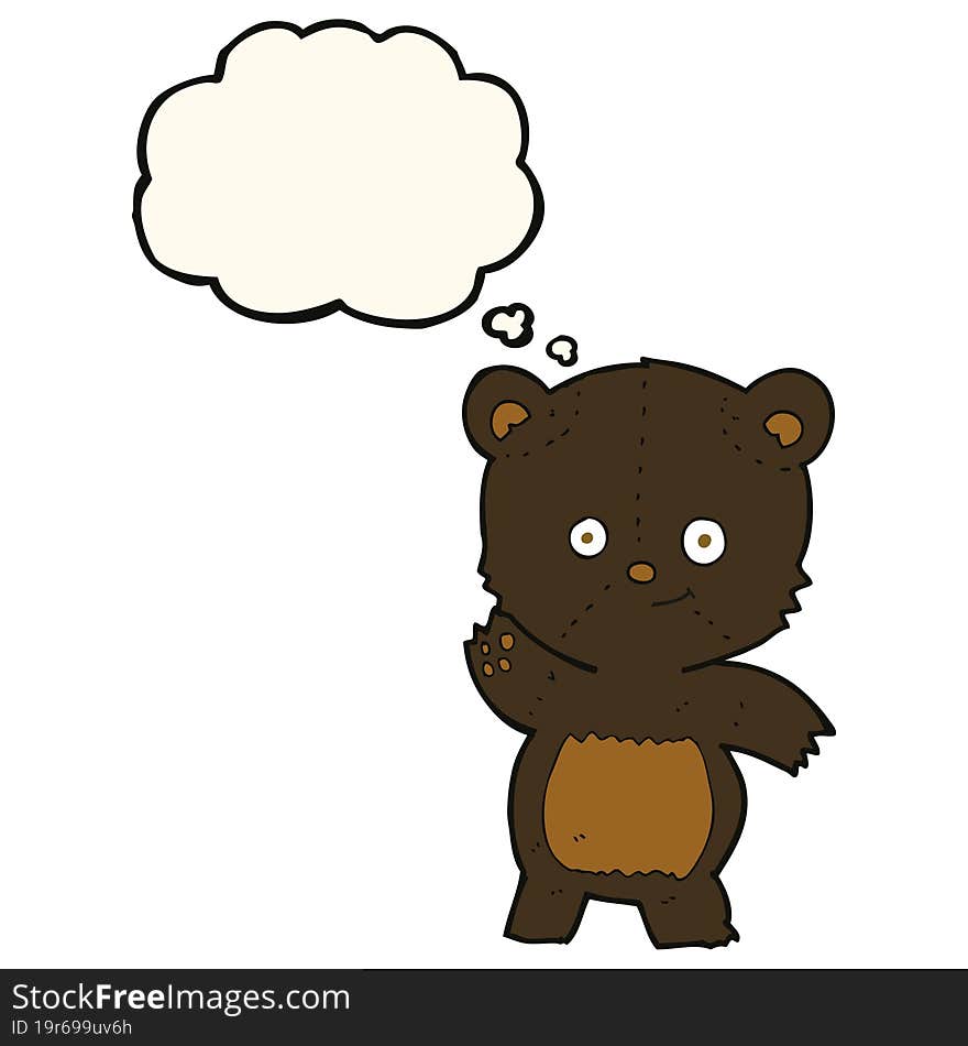 cartoon waving black bear with thought bubble