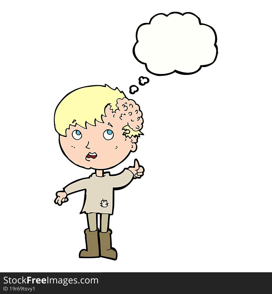 cartoon boy with growth on head with thought bubble