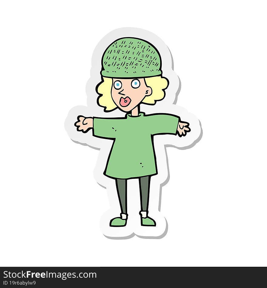 sticker of a cartoon woman wearing winter hat