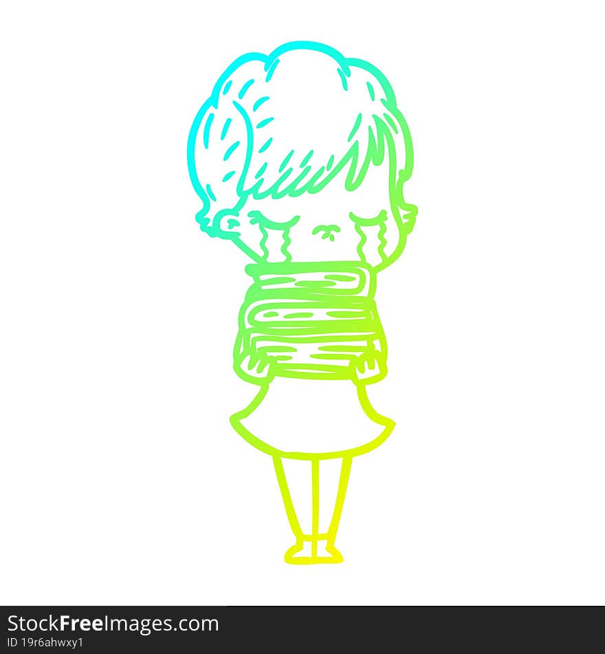 cold gradient line drawing of a cartoon woman crying