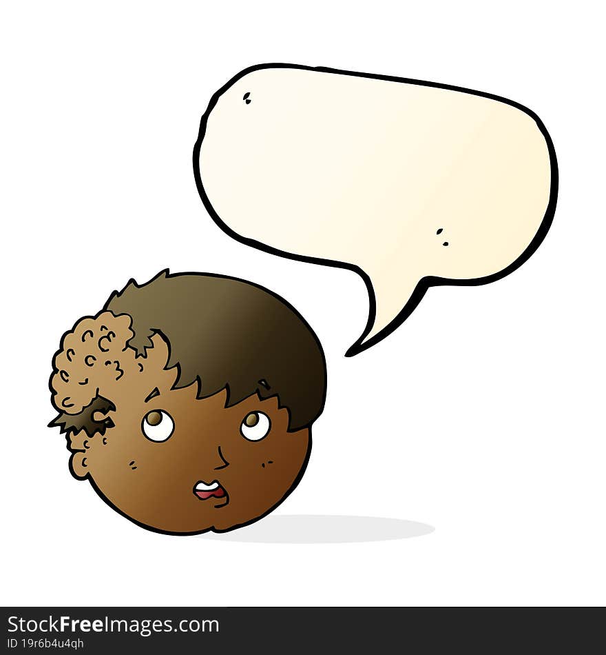 cartoon boy with ugly growth on head with speech bubble