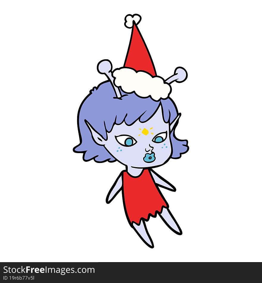 pretty line drawing of a alien girl wearing santa hat