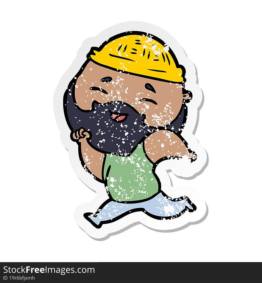 distressed sticker of a cartoon happy bearded man