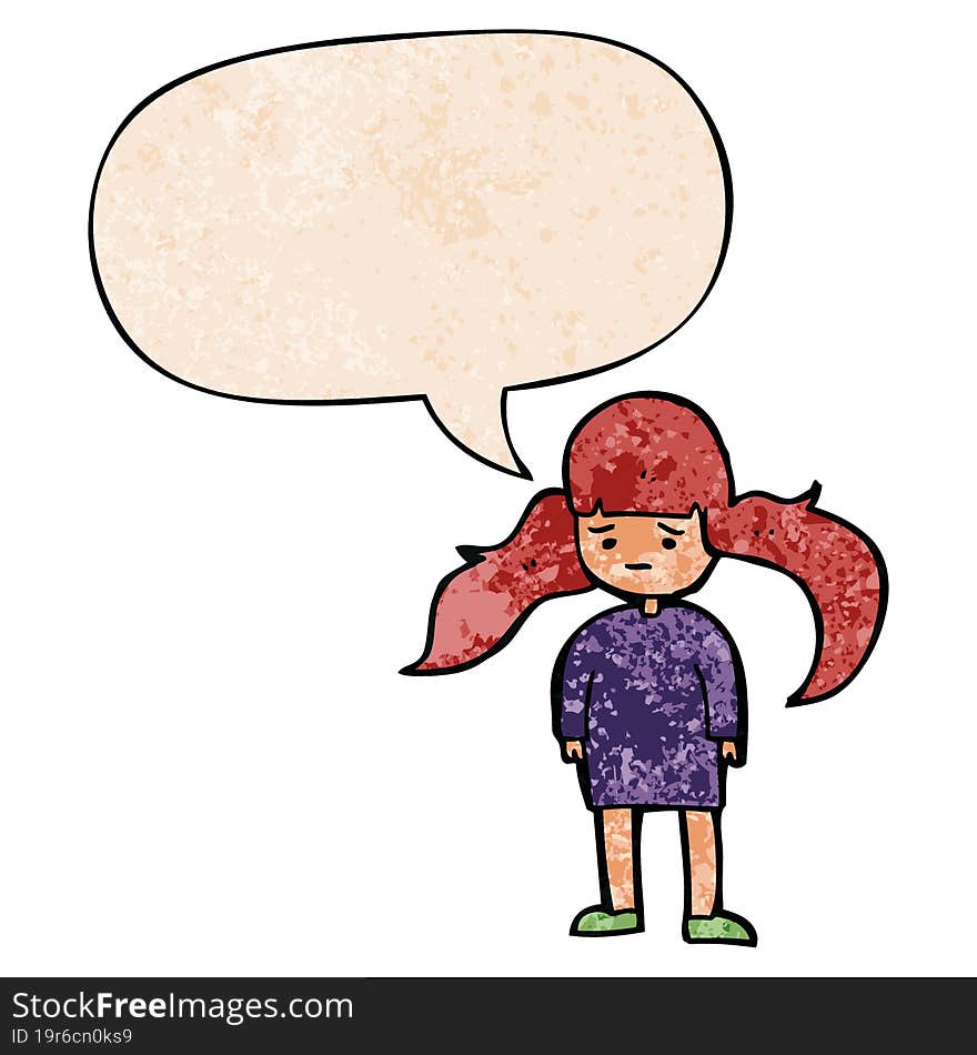 cartoon girl with long hair with speech bubble in retro texture style. cartoon girl with long hair with speech bubble in retro texture style