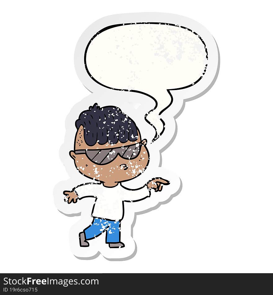 cartoon boy wearing sunglasses pointing with speech bubble distressed distressed old sticker. cartoon boy wearing sunglasses pointing with speech bubble distressed distressed old sticker