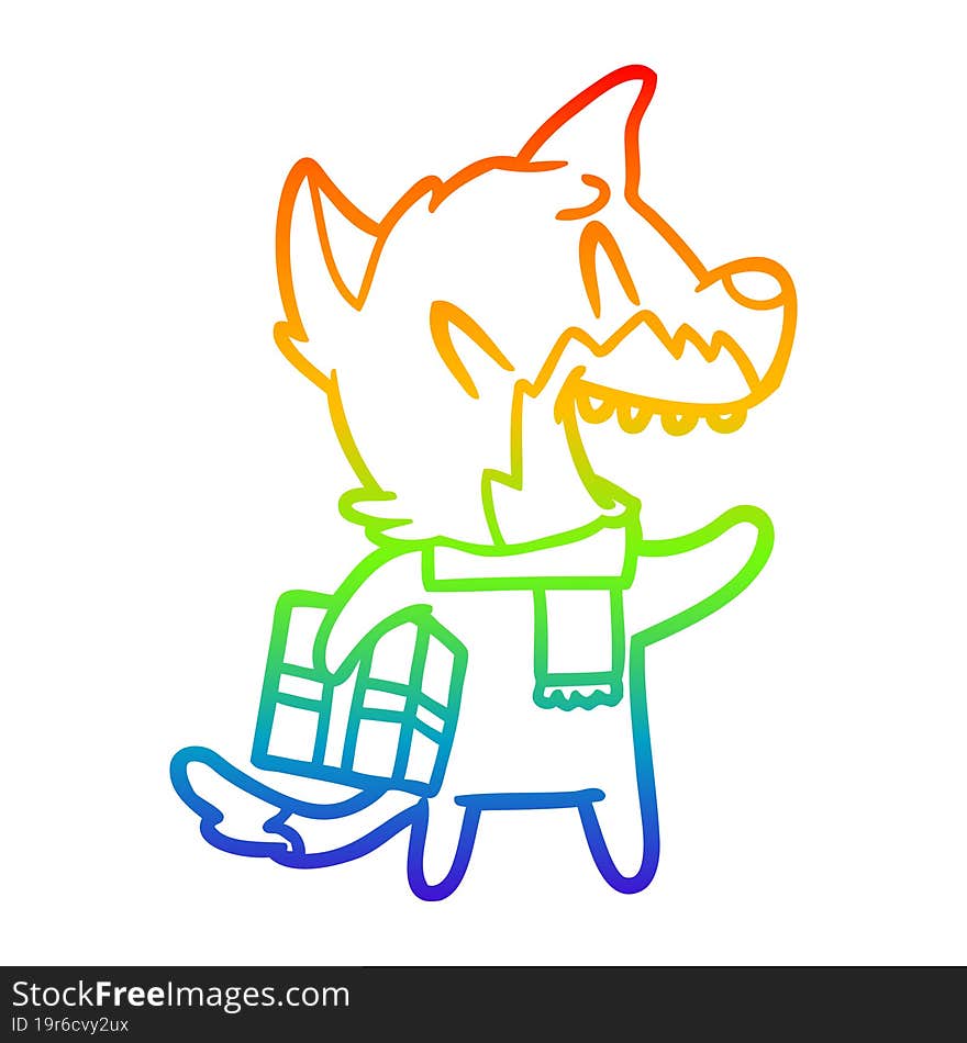 rainbow gradient line drawing of a laughing christmas fox cartoon