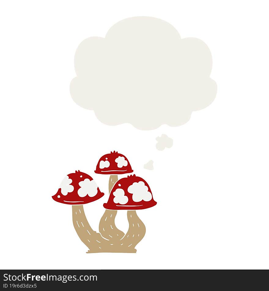 cartoon mushrooms with thought bubble in retro style