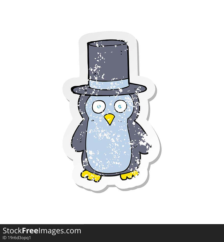 retro distressed sticker of a cartoon penguin wearing hat