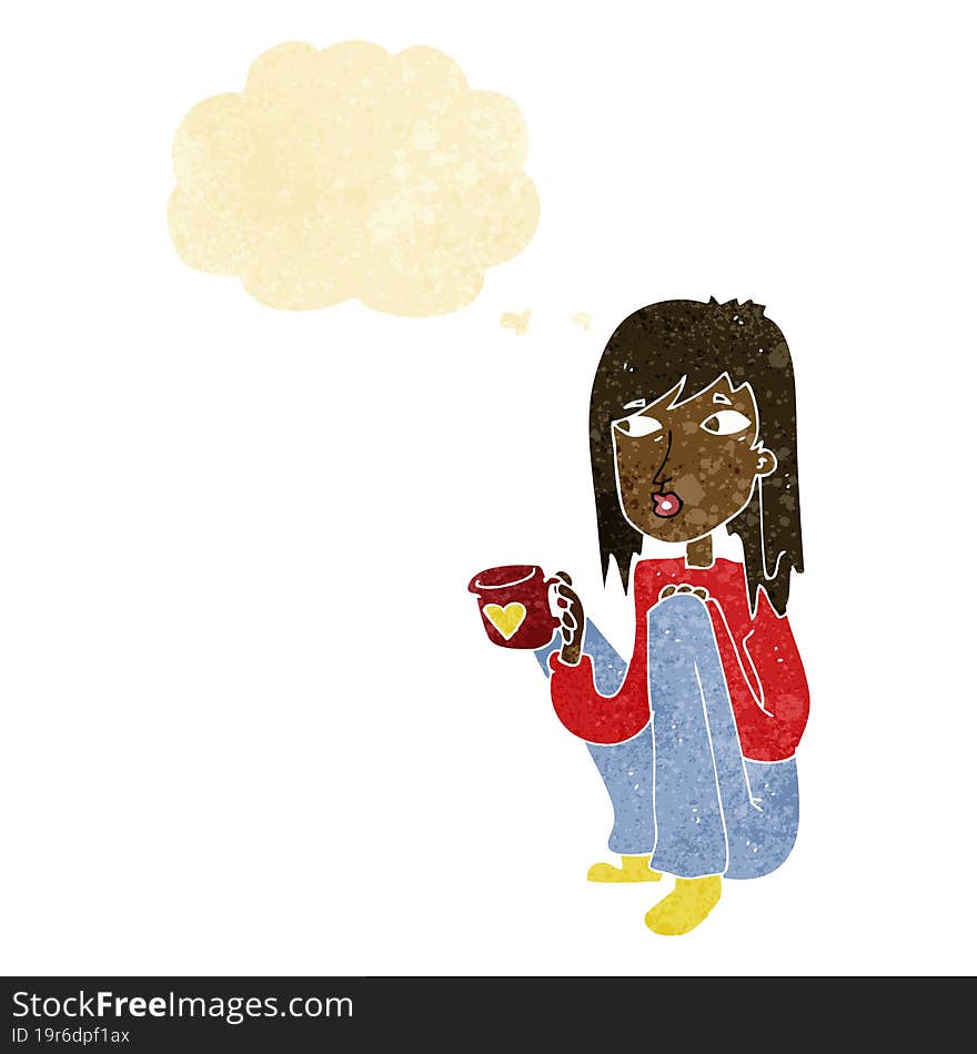 Cartoon Woman Sitting With Cup Of Coffee With Thought Bubble