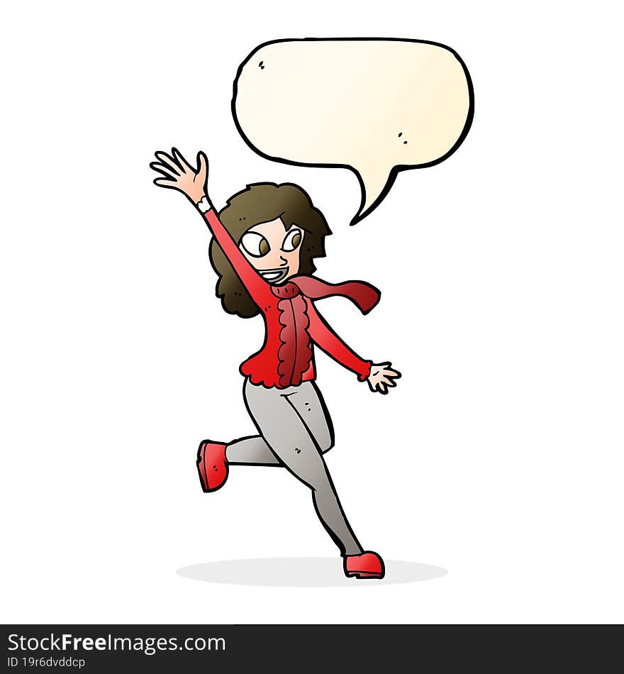 cartoon woman waving dressed for winter with speech bubble