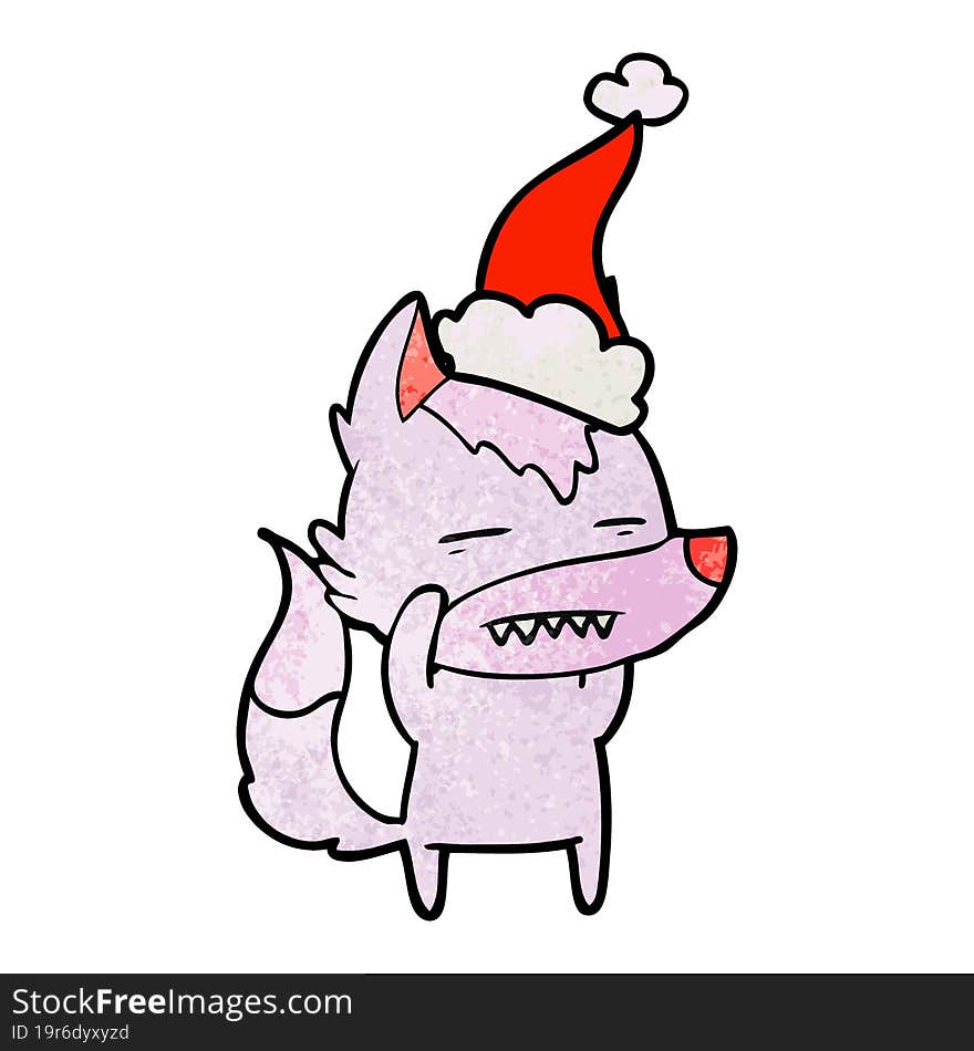 textured cartoon of a wolf showing teeth wearing santa hat