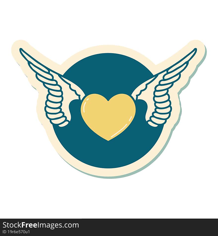 sticker of tattoo in traditional style of a heart with wings. sticker of tattoo in traditional style of a heart with wings