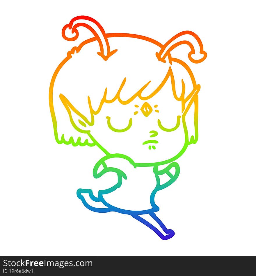 rainbow gradient line drawing of a cartoon alien girl