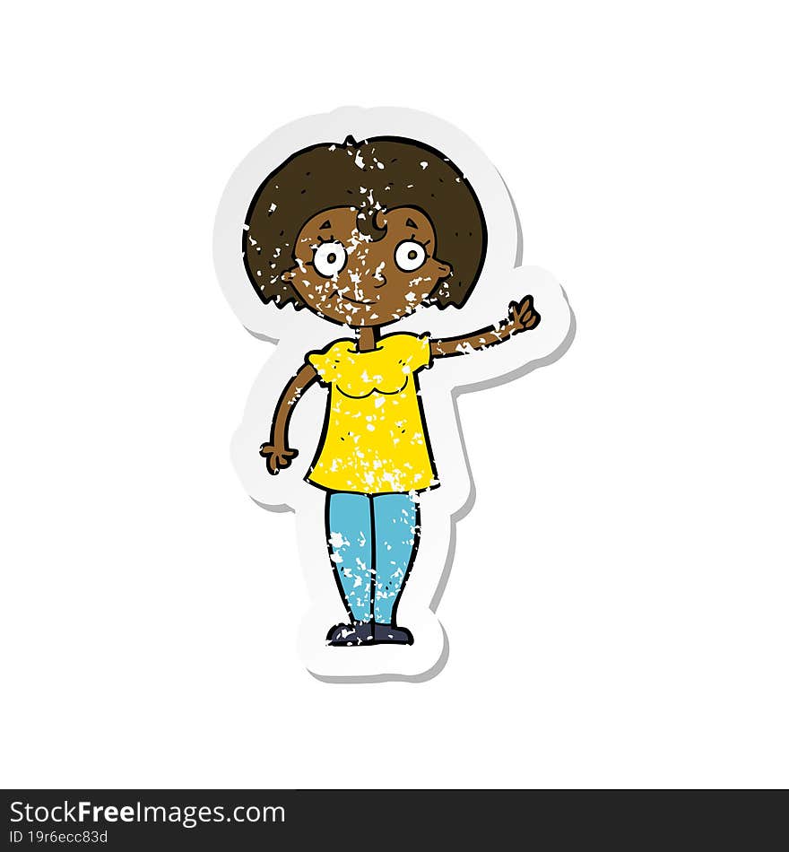 retro distressed sticker of a cartoon happy woman pointing