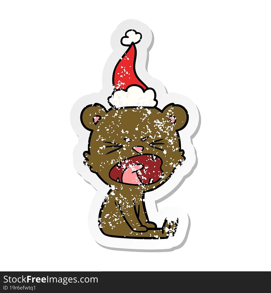 Angry Distressed Sticker Cartoon Of A Bear Wearing Santa Hat