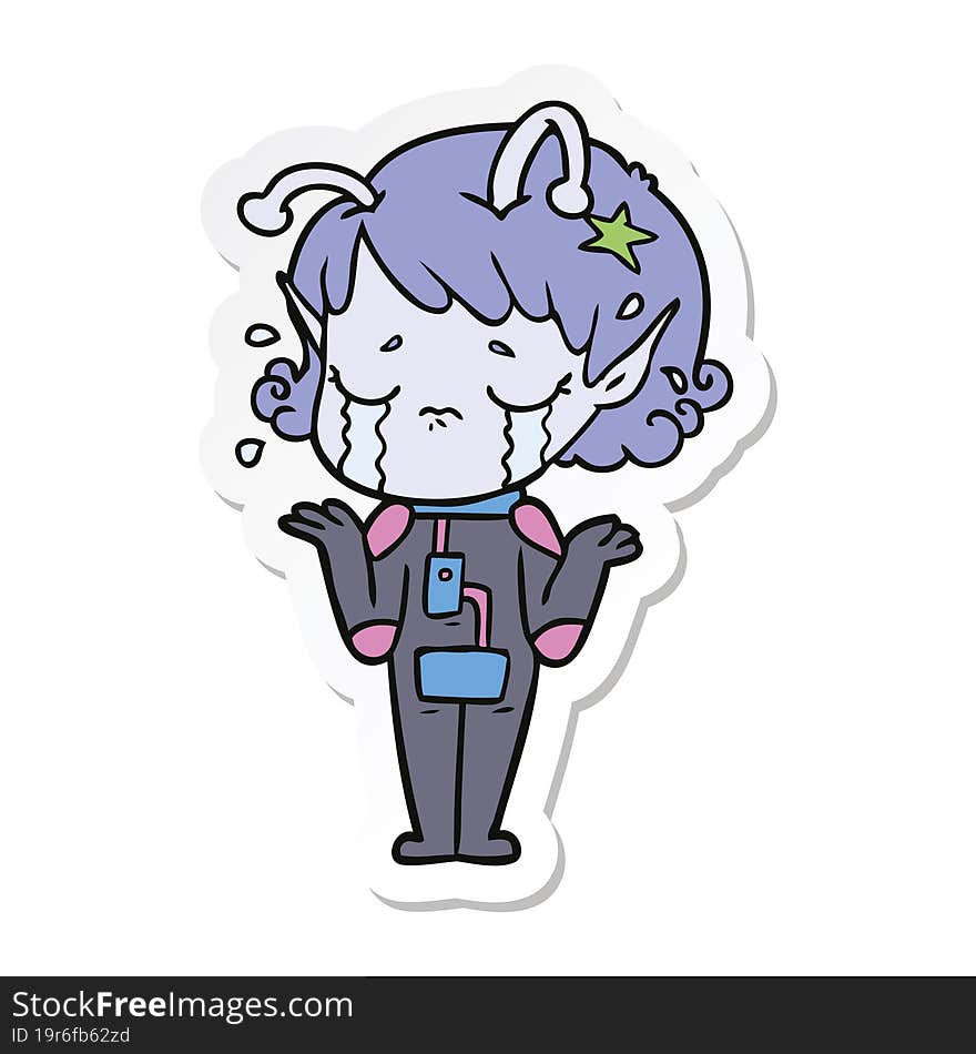 sticker of a cartoon crying alien girl