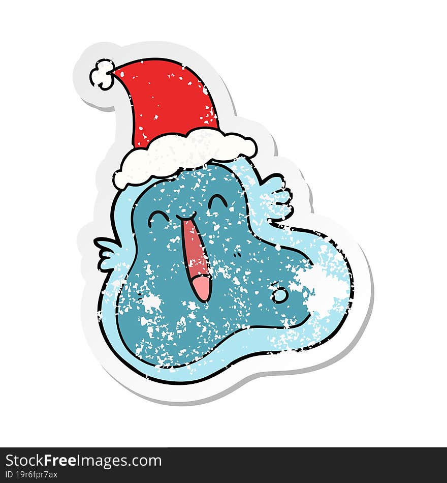 distressed sticker cartoon of a germ wearing santa hat