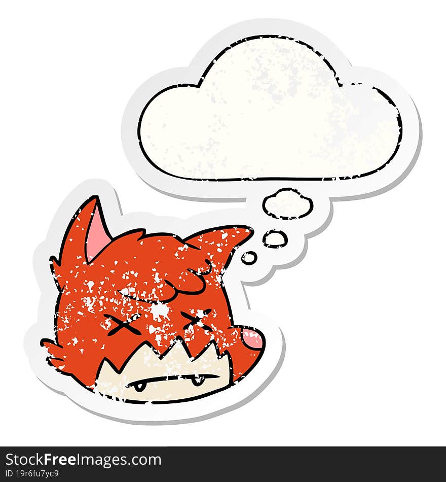 cartoon dead fox face and thought bubble as a distressed worn sticker