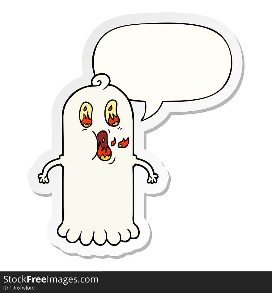 cartoon ghost with flaming eyes with speech bubble sticker. cartoon ghost with flaming eyes with speech bubble sticker