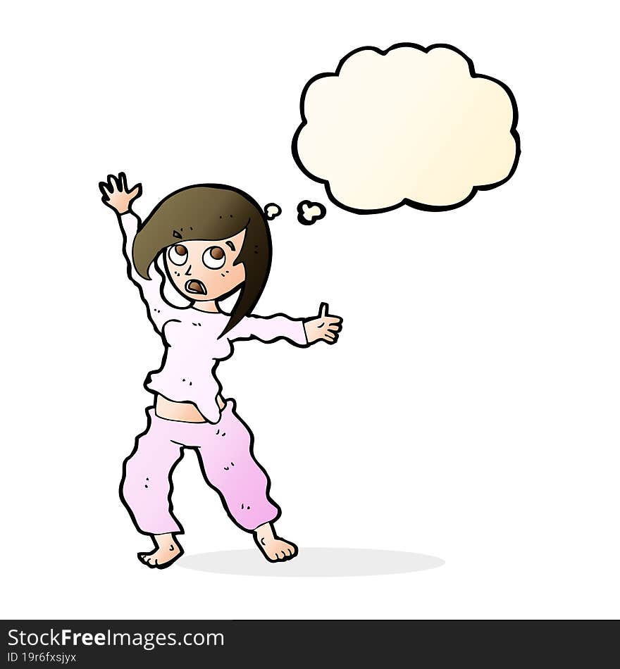 cartoon frightened woman with thought bubble