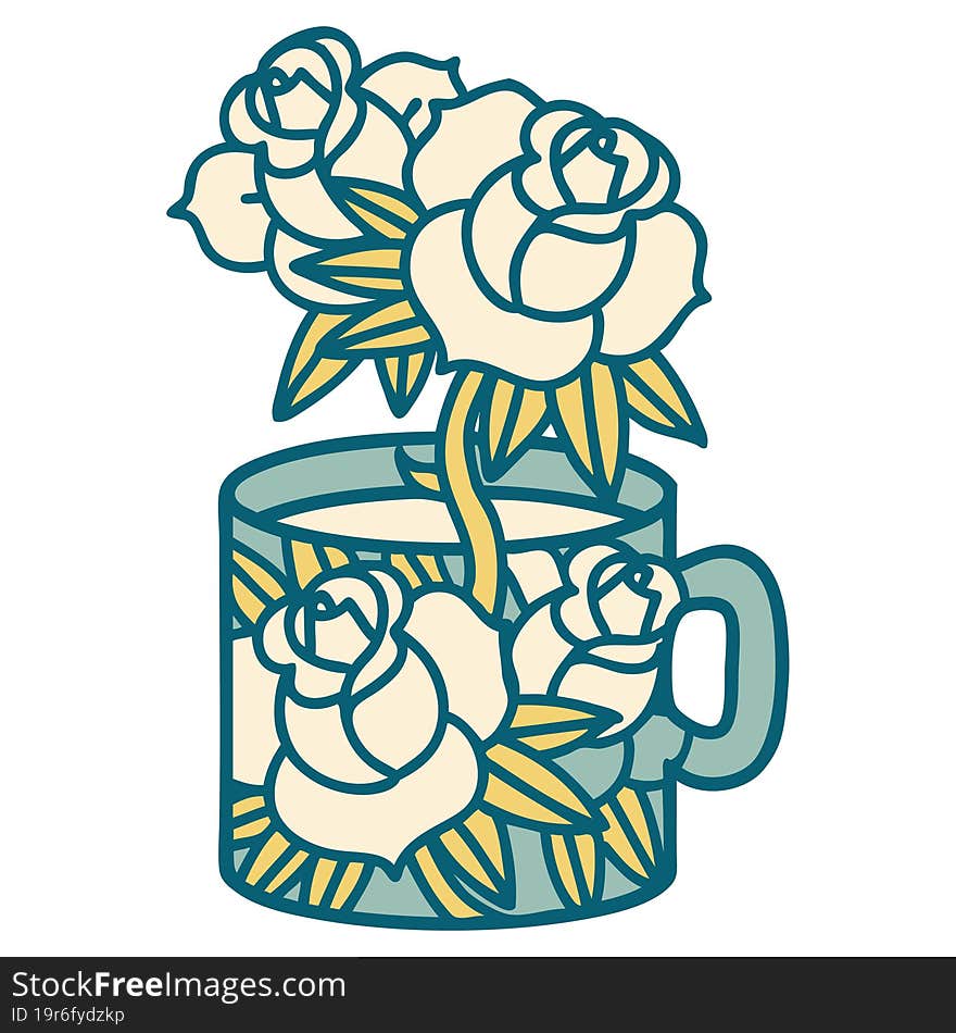 Tattoo Style Icon Of A Cup And Flowers