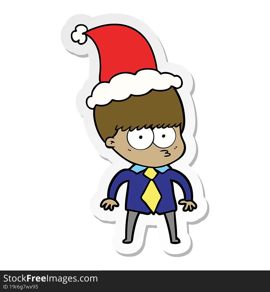 Nervous Sticker Cartoon Of A Boy Wearing Shirt And Tie Wearing Santa Hat