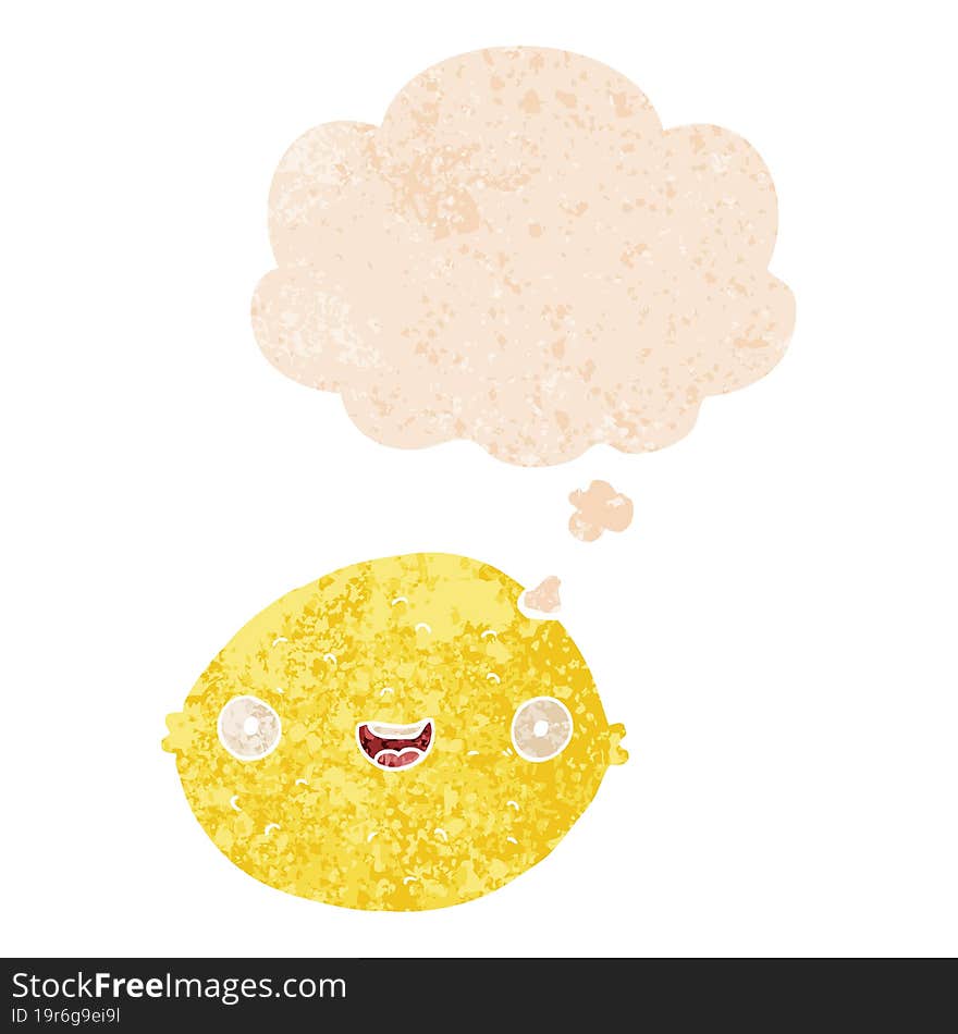 Cartoon Lemon And Thought Bubble In Retro Textured Style