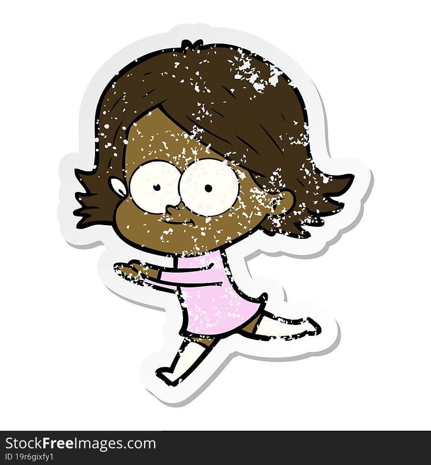 distressed sticker of a happy cartoon girl