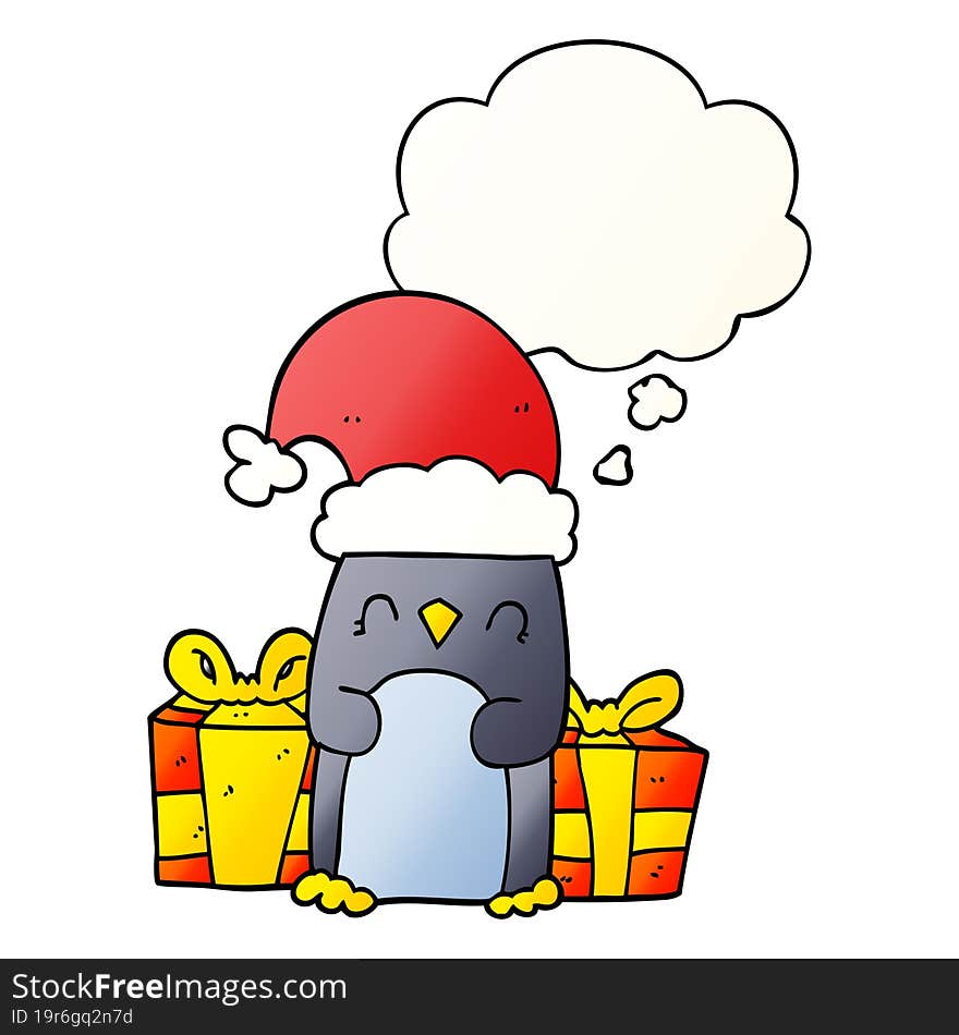 cute christmas penguin and thought bubble in smooth gradient style