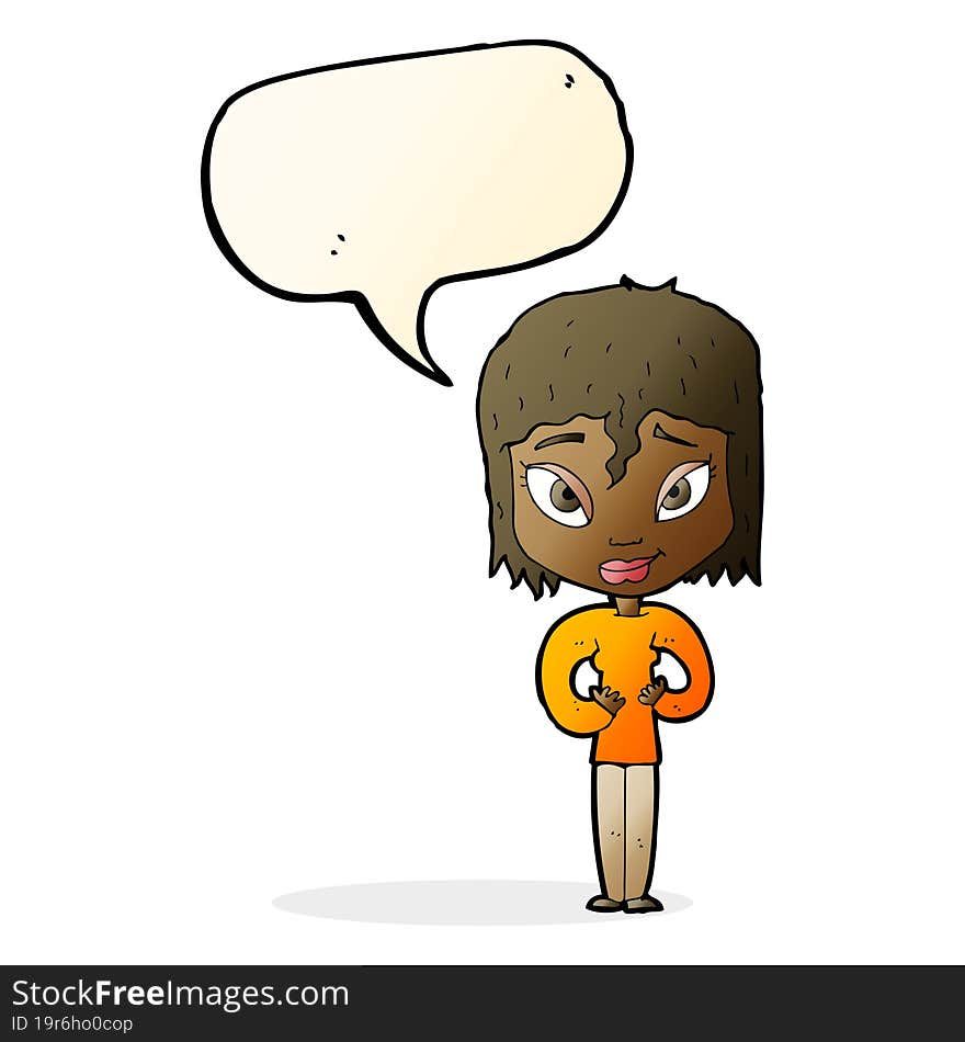 cartoon satisfied woman with speech bubble