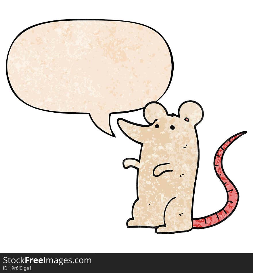 cartoon rat with speech bubble in retro texture style