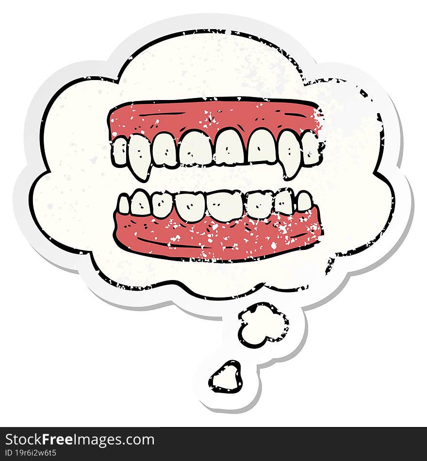 Cartoon Vampire Teeth And Thought Bubble As A Distressed Worn Sticker