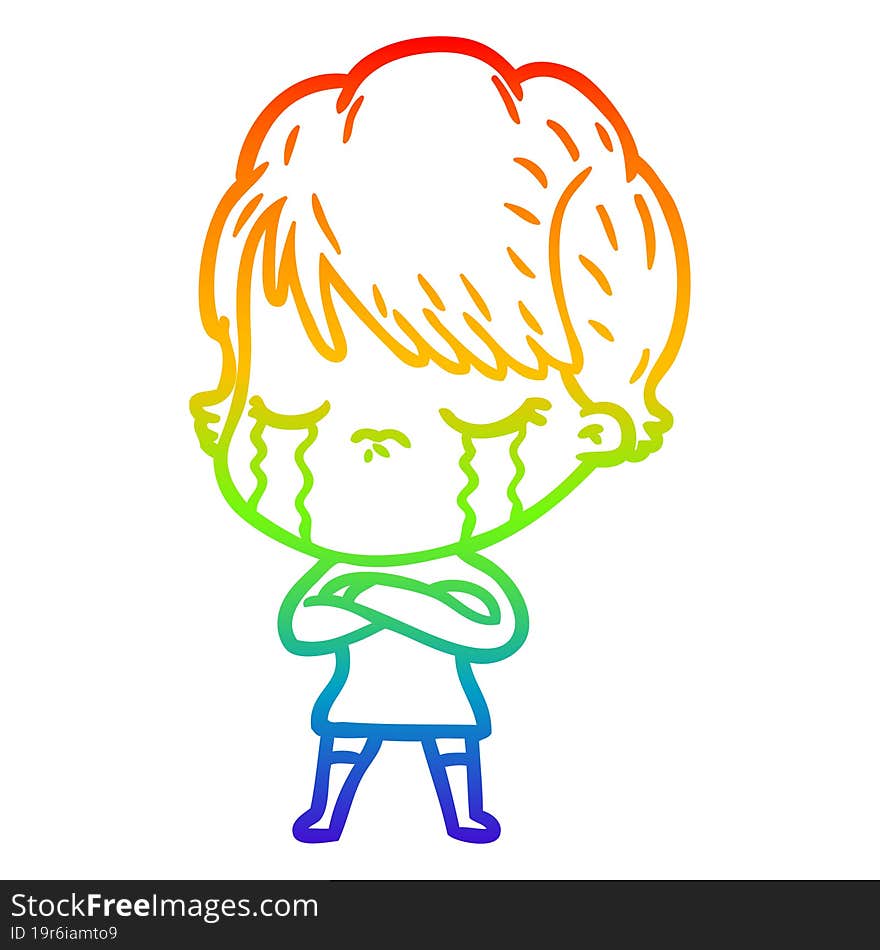 Rainbow Gradient Line Drawing Cartoon Woman Crying