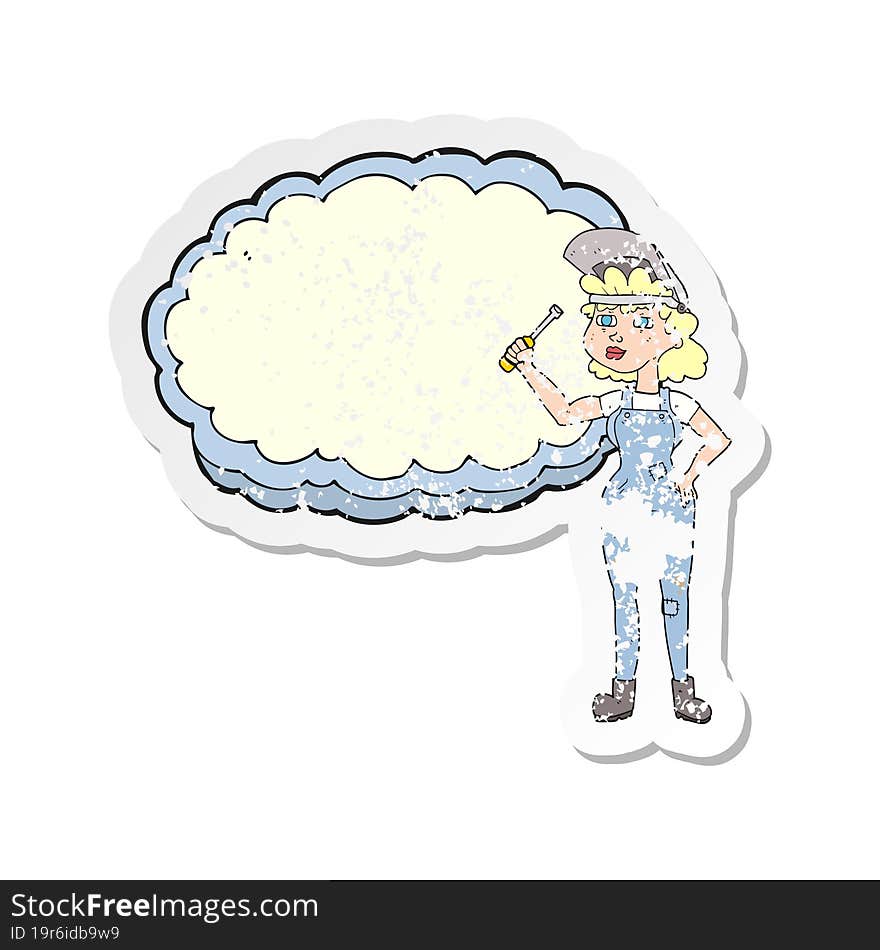 retro distressed sticker of a cartoon female mechanic