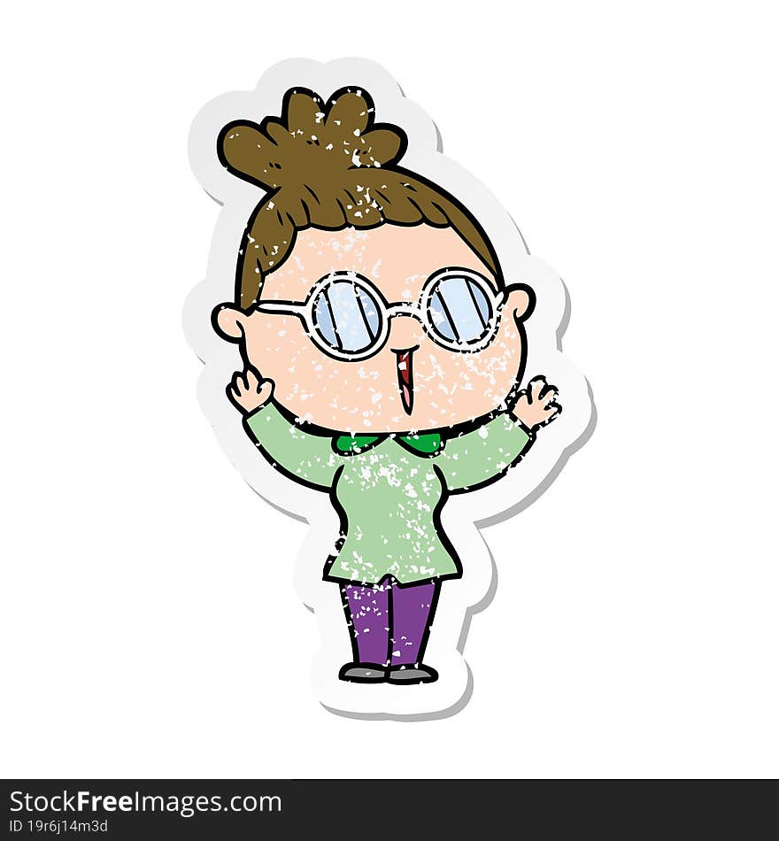 distressed sticker of a cartoon woman wearing spectacles