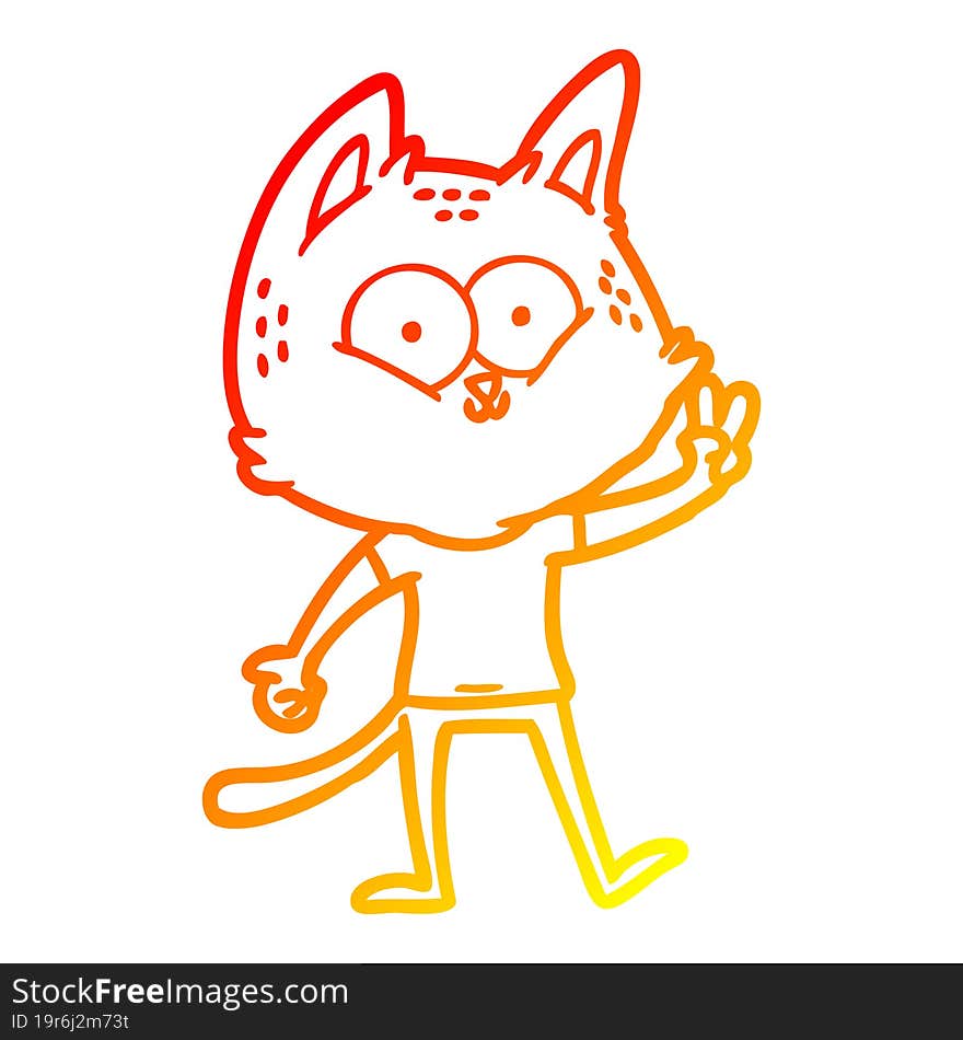 warm gradient line drawing cartoon cat giving peace sign