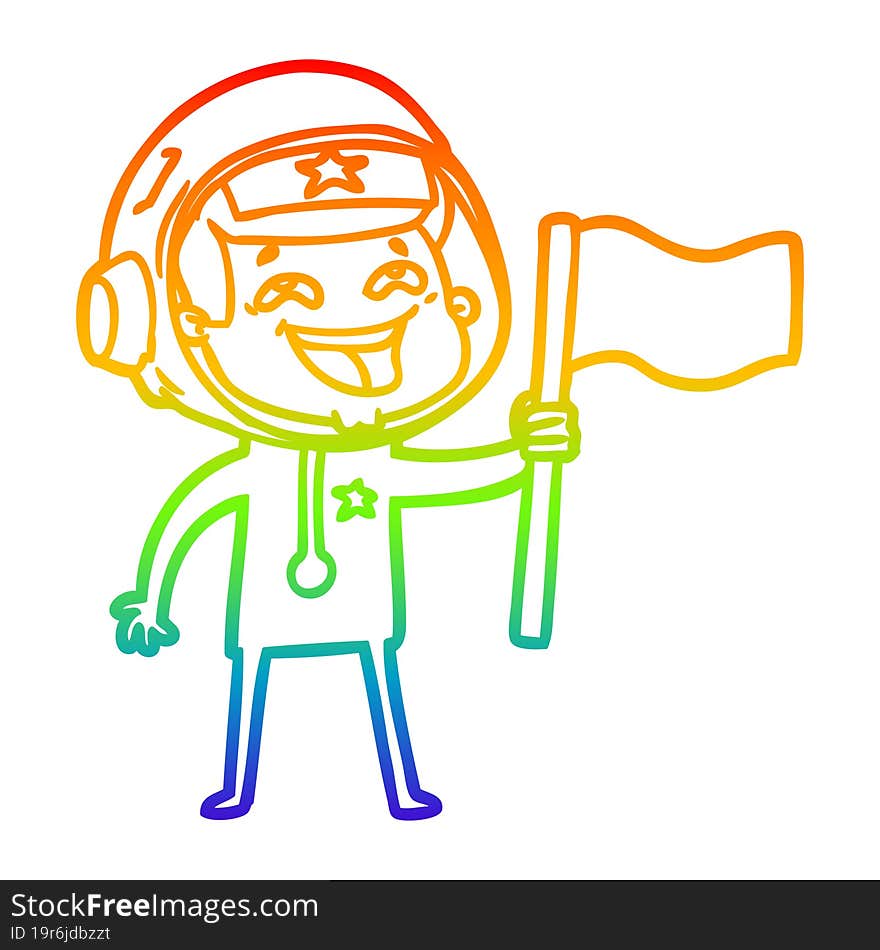 rainbow gradient line drawing of a cartoon laughing astronaut waving flag