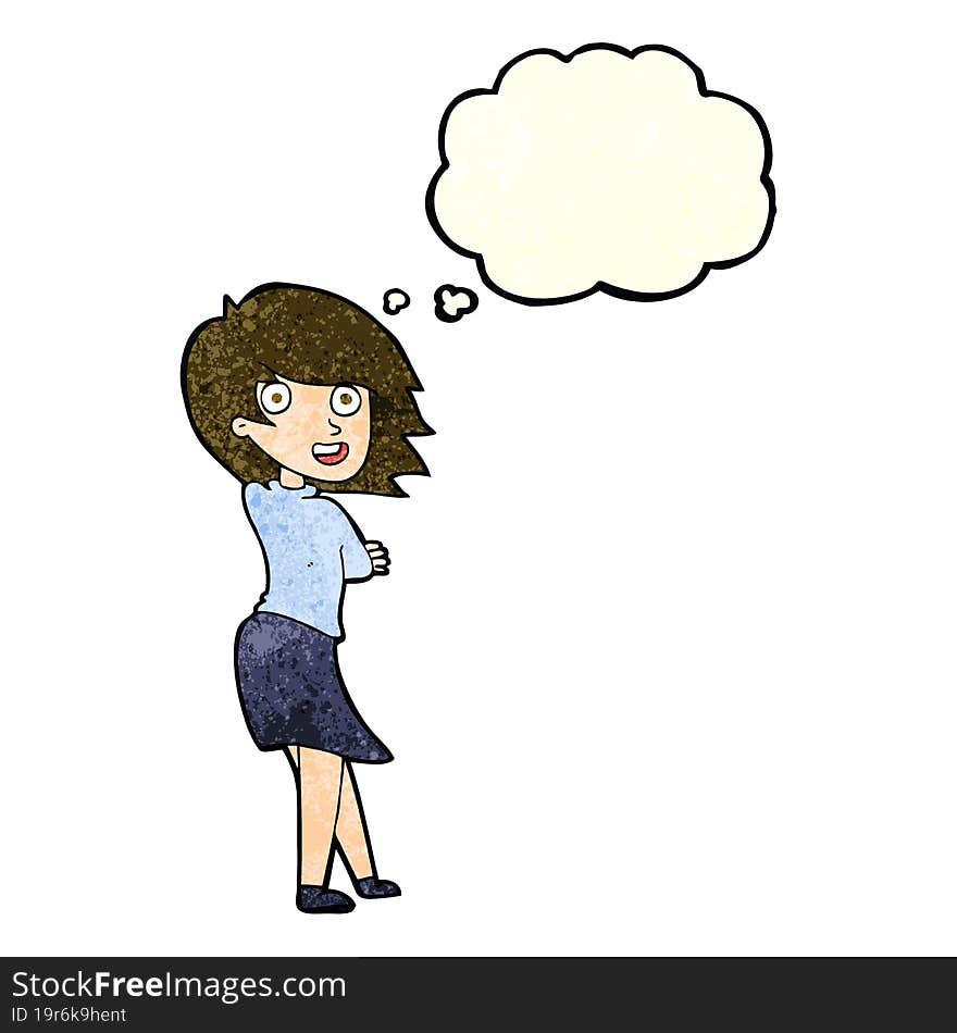 cartoon happy woman with thought bubble