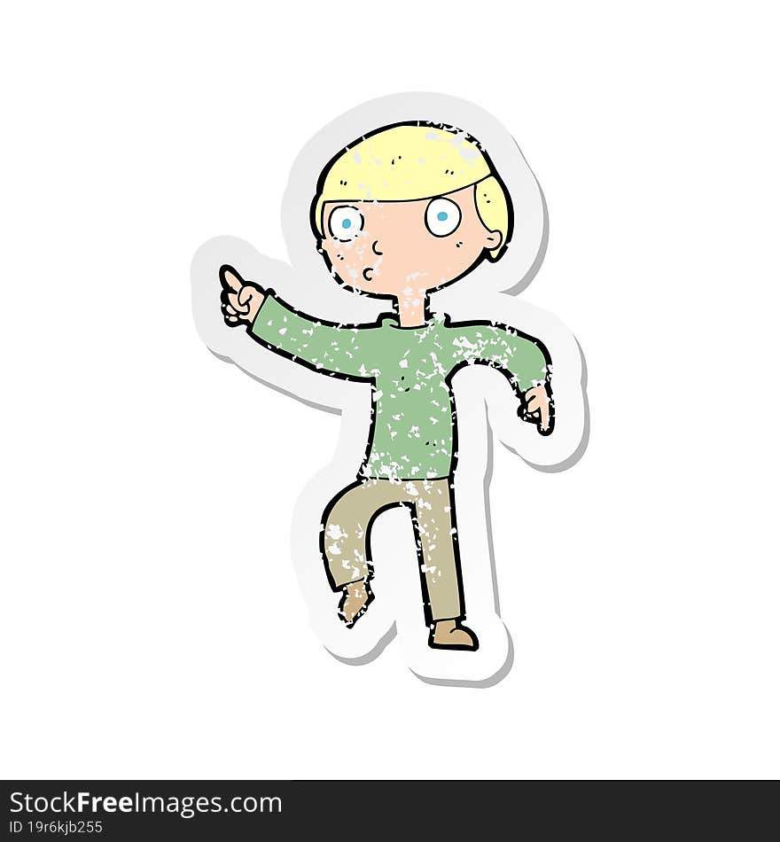 retro distressed sticker of a cartoon boy pointing