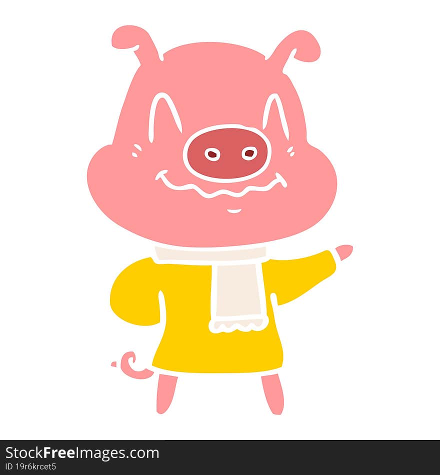 nervous flat color style cartoon pig wearing scarf