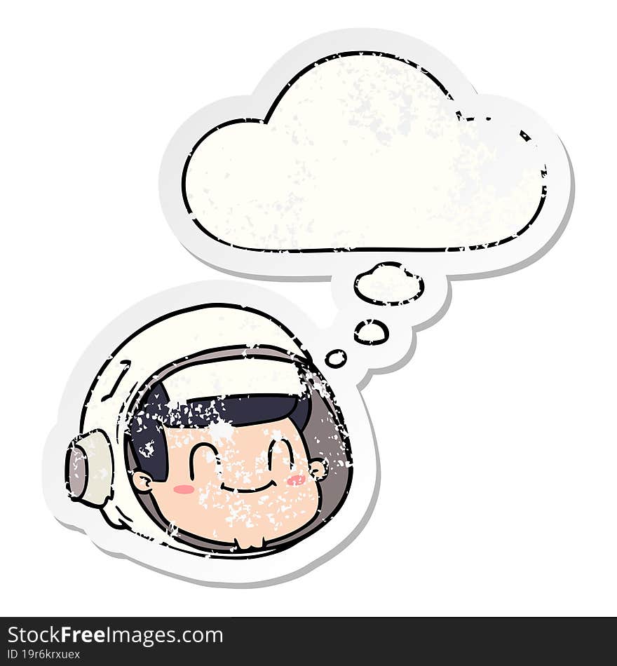 cartoon astronaut face and thought bubble as a distressed worn sticker